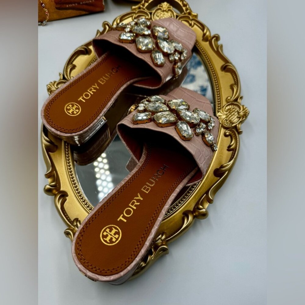 🆕 TORY BURCH 🧿 NWOT Martine 25mm Slides, Pink Croc Embossed Crystal Embellish - Picture 14 of 15